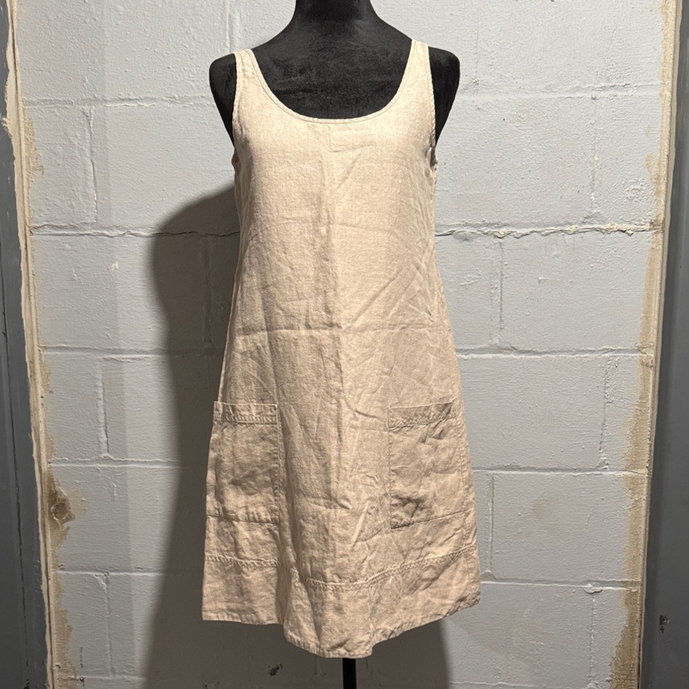 Eileen Fisher Women’s Sleeveless Beige Organic  Linen Shift Dress